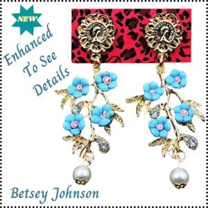 Blue Crystal Pearl Flower Ear Stud Dangle Earrings Gold Color Bkg - NWT